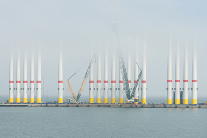 Wind turbines pillars standing in the port of Rønne, Bornholm.